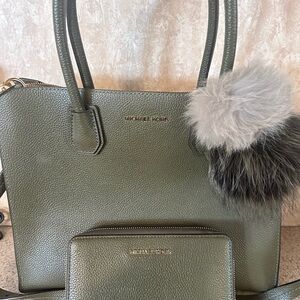 Michael Kors Olive Green Tote with Fluffy Pom Pom and wallet